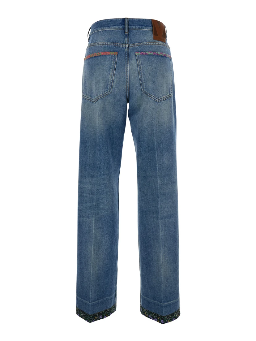 Blue Jeans with Logo Patch on the Rear and Floral Details in Denim Woman