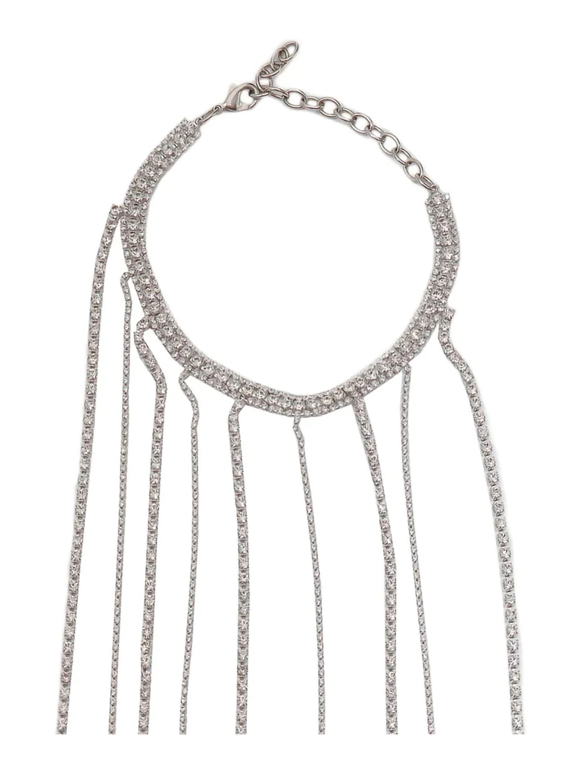 Silver-Colored Necklace with All-Over Applied Glass Crystals and Adjustable Clasp in Brass Woman