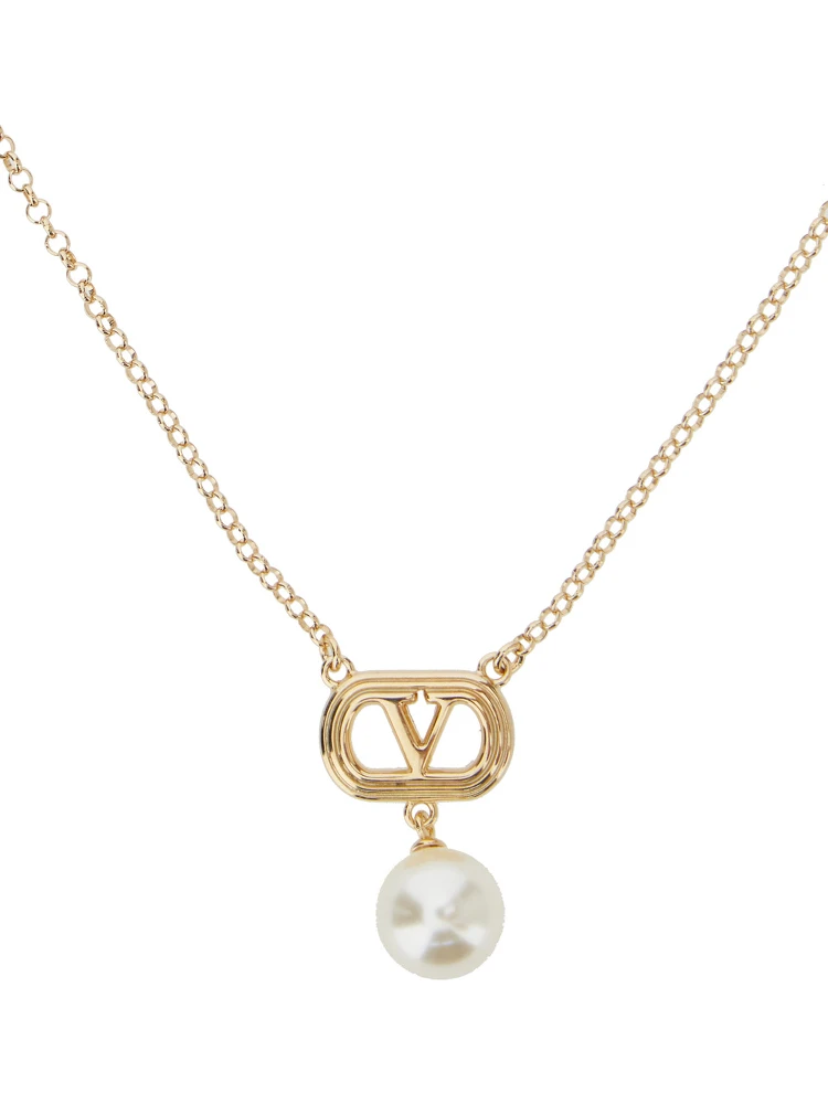 Metallic Chain-Link Necklace with VLogo Charm with Pearl in Brass Woman alternative