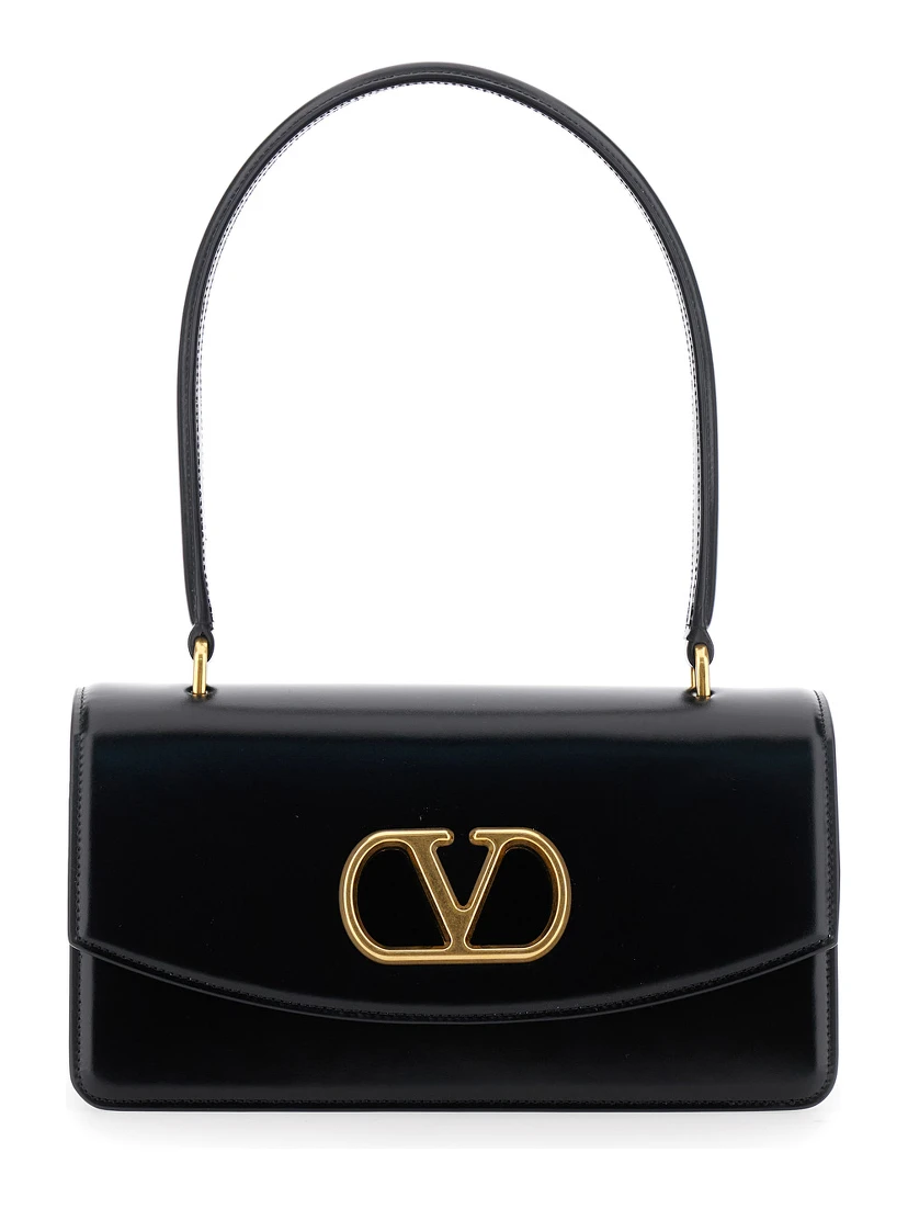Vain Black Shoulder Strap with VLogo Plaque on the Front and One Top Handle in Leather Woman