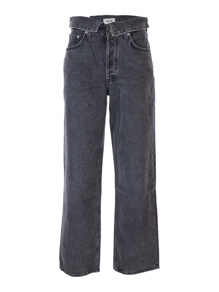 Black Jeans with Front-Fold Design and Logo Patch on the Rear in Denim Woman