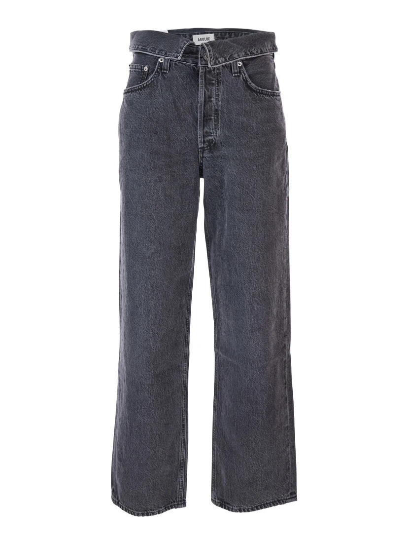 Black Jeans with Front-Fold Design and Logo Patch on the Rear in Denim Woman