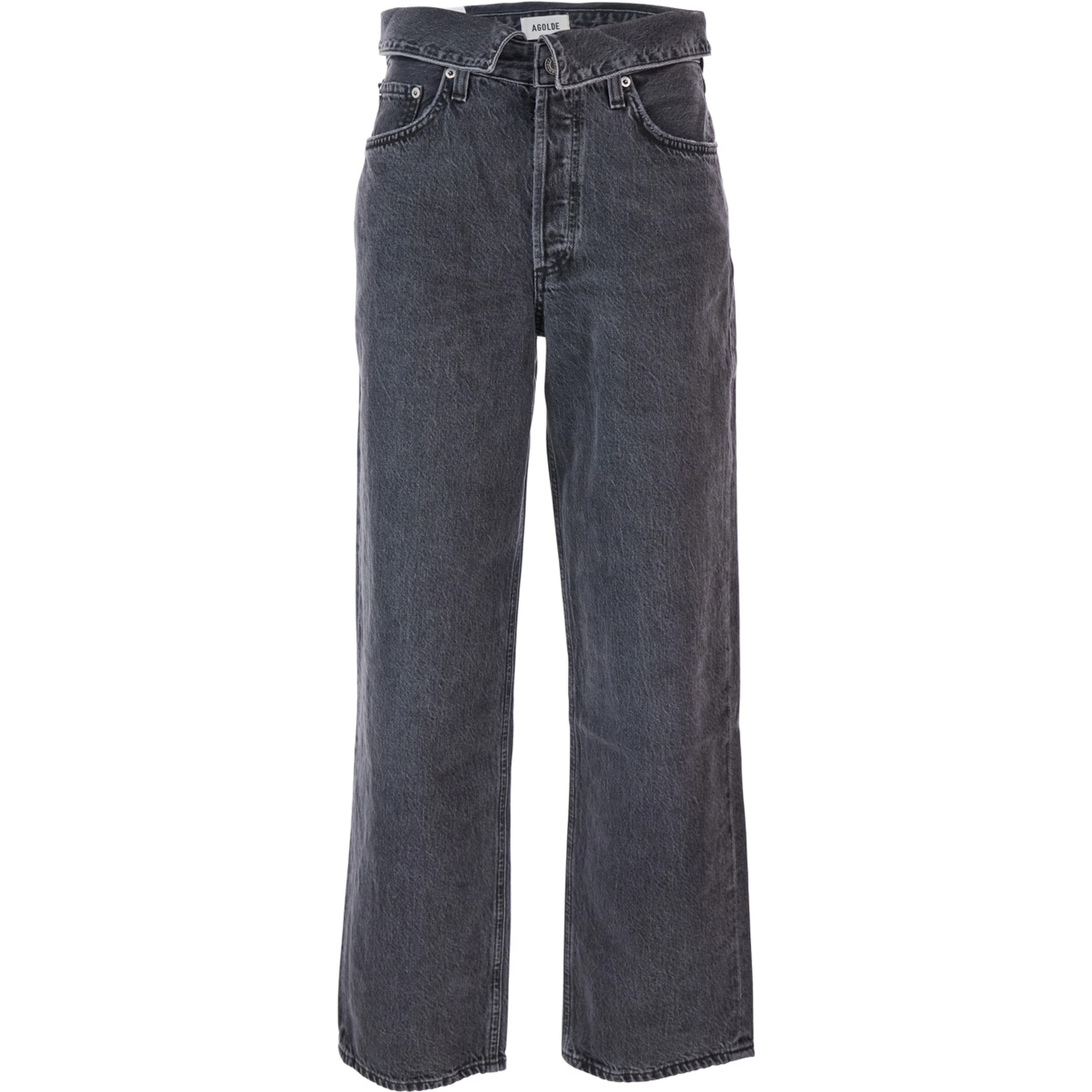 Black Jeans with Front-Fold Design and Logo Patch on the Rear in Denim Woman
