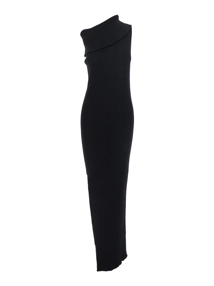 Athena Black Ribbed Knit Sleeveless Asymmetric Long Dress with Wide Neckline in Viscose Blend Woman