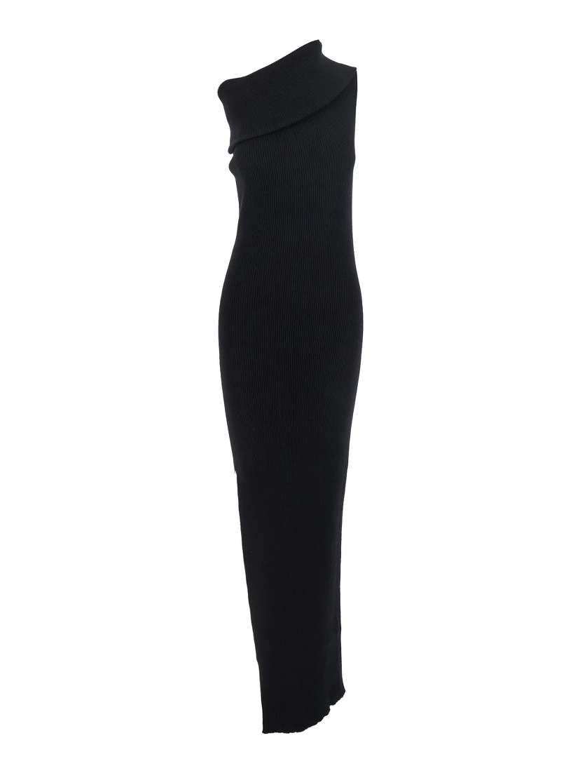 Athena Black Ribbed Knit Sleeveless Asymmetric Long Dress with Wide Neckline in Viscose Blend Woman