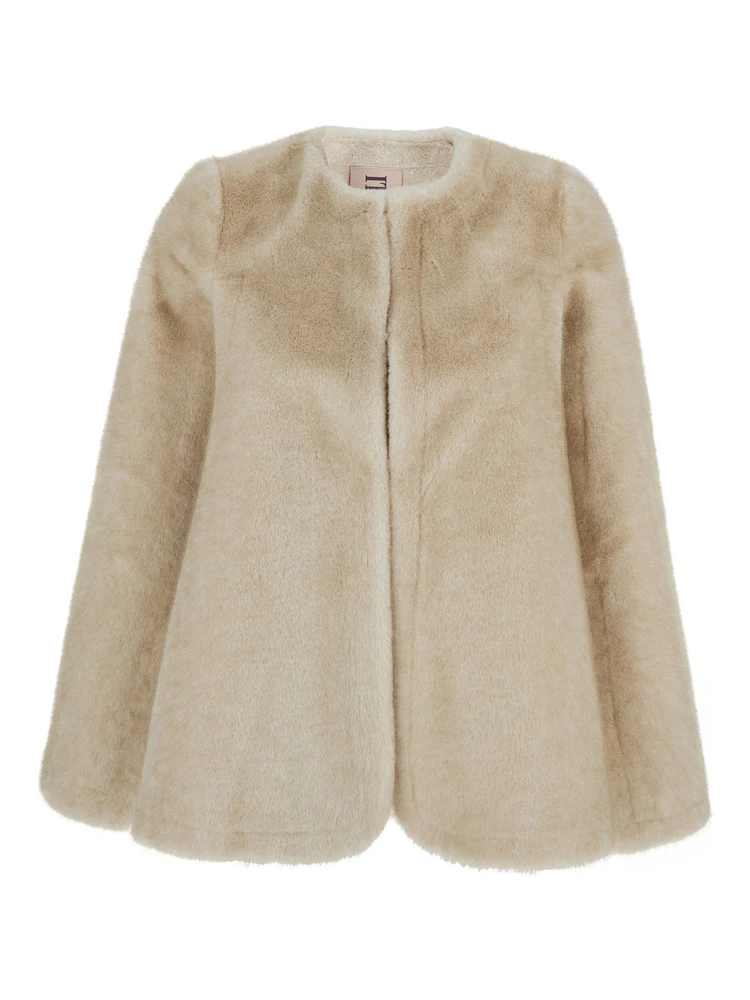Beige Round Neck Hood with Trapezoid Design in Faux Fur Woman