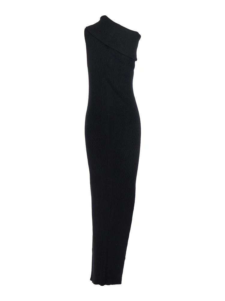 Athena Black Ribbed Knit Sleeveless Asymmetric Long Dress with Wide Neckline in Viscose Blend Woman alternative