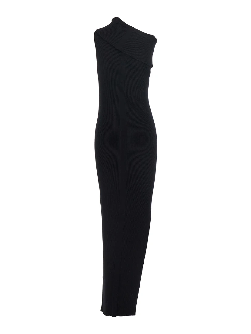 Athena Black Ribbed Knit Sleeveless Asymmetric Long Dress with Wide Neckline in Viscose Blend Woman
