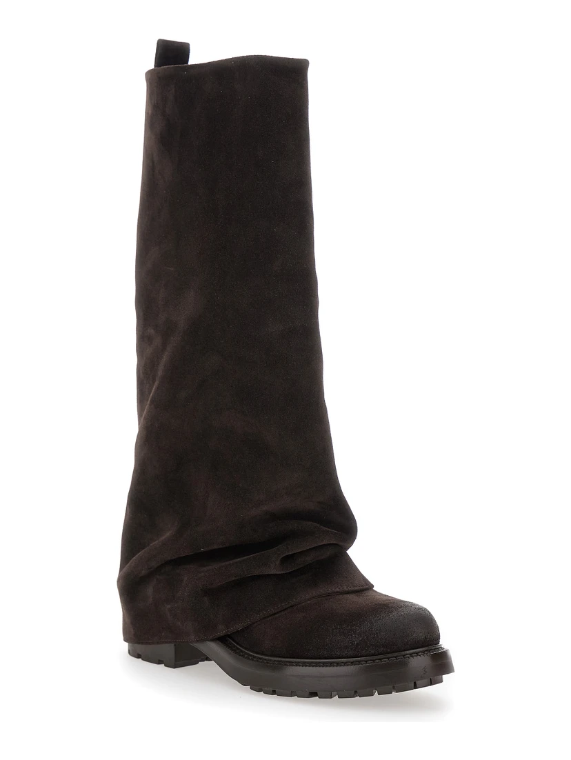 Brown Multilayer Combat Boots with One Block Sole in Suede Woman