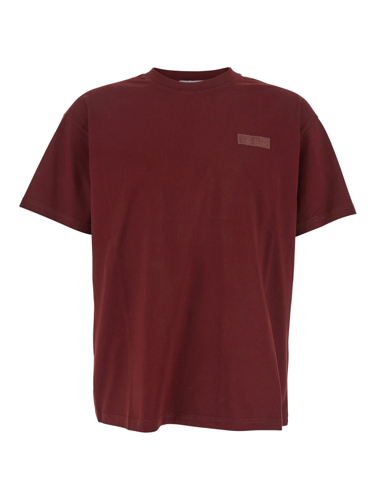 Bordeaux T-Shirt with Logo Patch on the Chest in Cotton Man