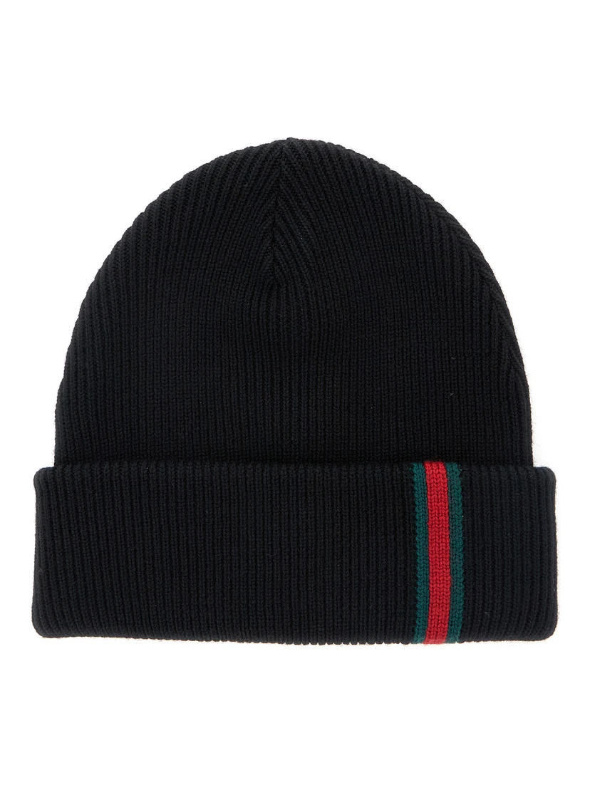 Black Ribbed Knit Beanie with Web Detail on the Front in Wool Man