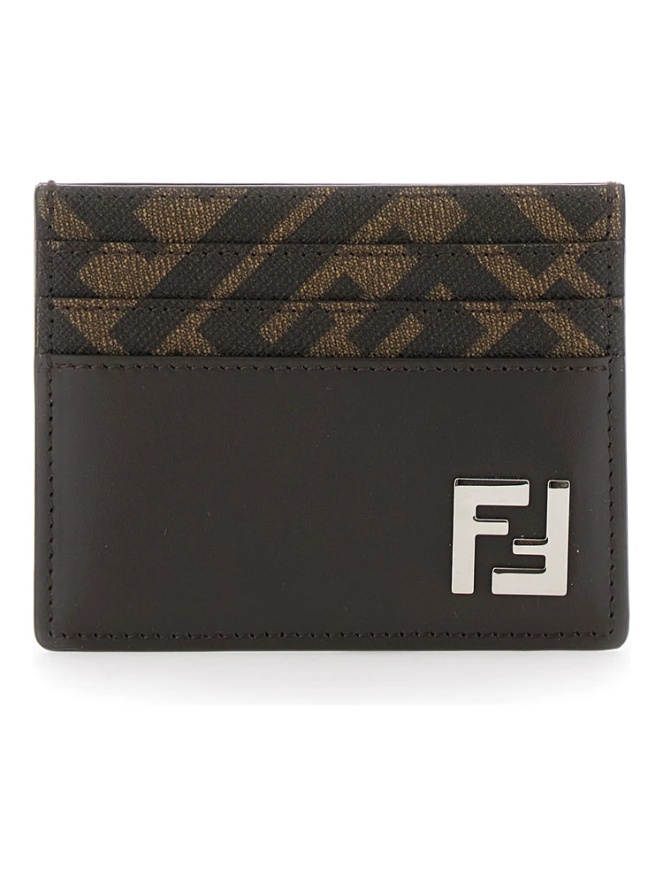Brown Card-Holder with Squared FF Motif in Leather and FF Canvas Man