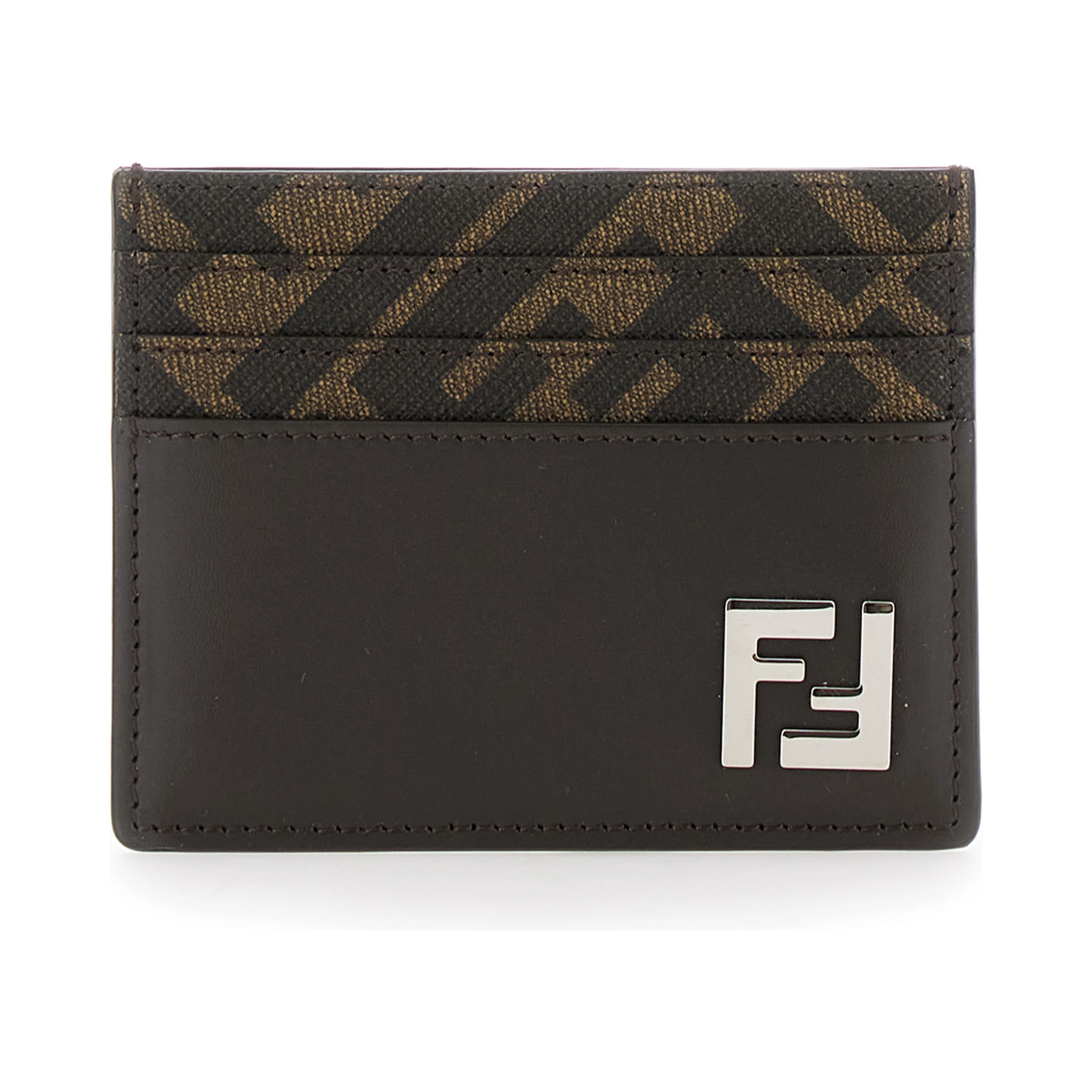 Brown Card-Holder with Squared FF Motif in Leather and FF Canvas Man