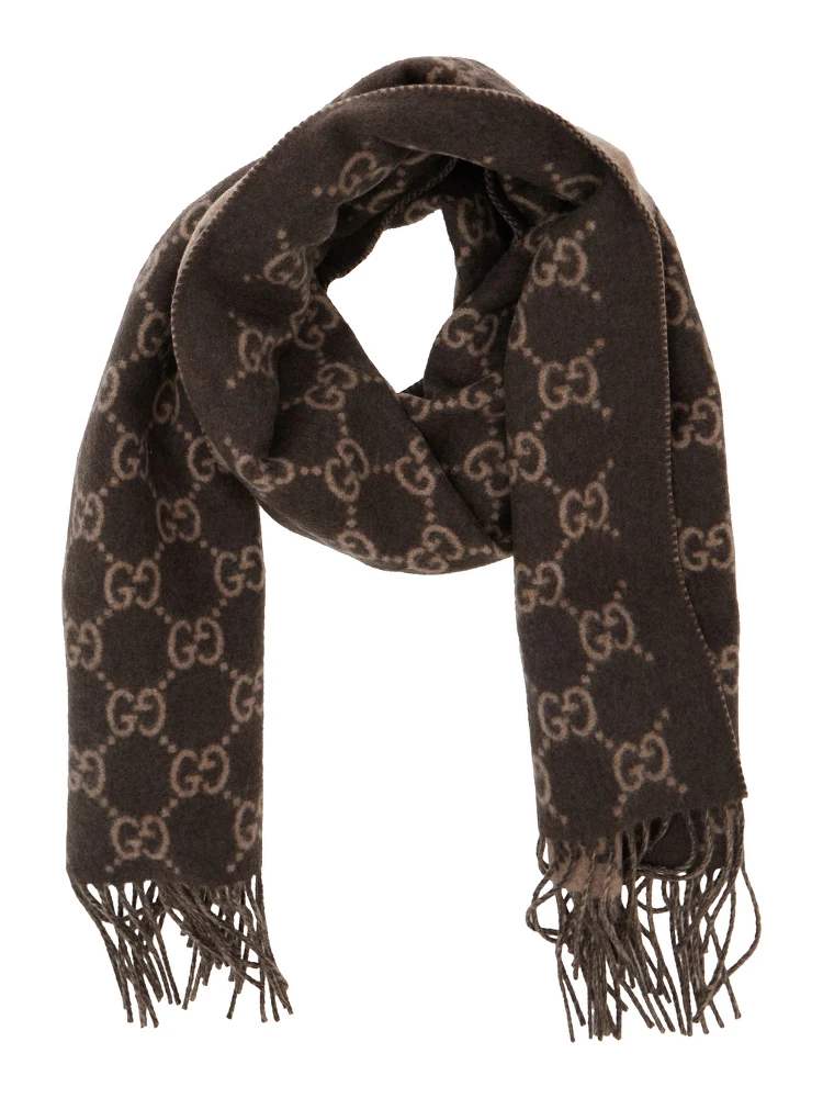 Brown Scarf with All-Over GG Motif and Fringed Hem in Cashmere Man alternative