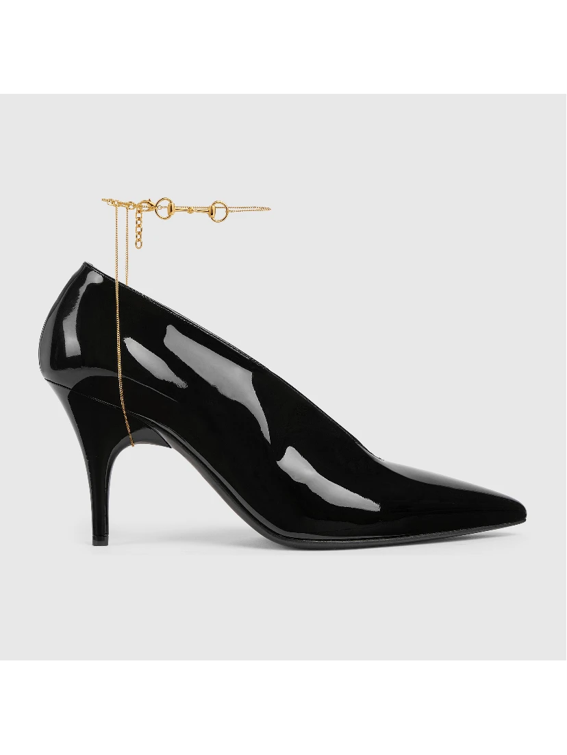Leather décolletté pumps with jewel