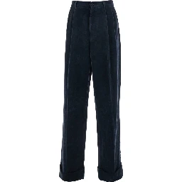 Blue Pants with Belt Loops and Turn-Up Hem in Linen and Cotton Blend Man