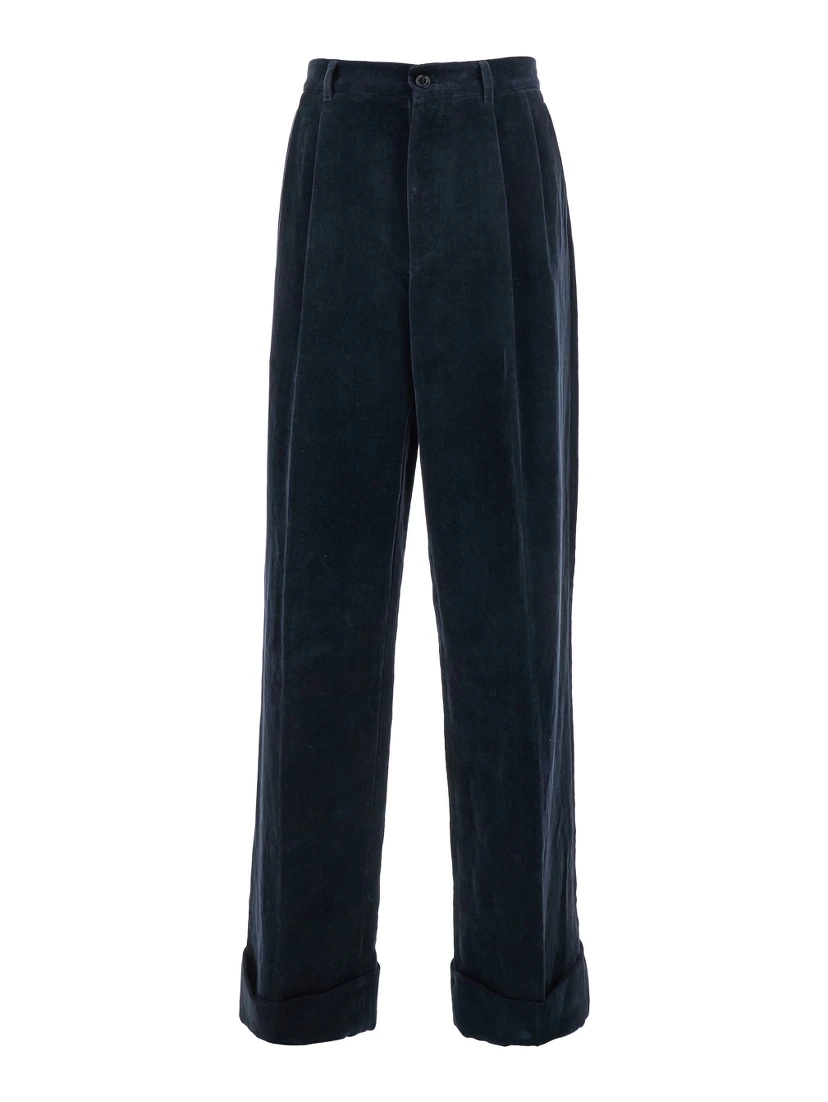Blue Pants with Belt Loops and Turn-Up Hem in Linen and Cotton Blend Man
