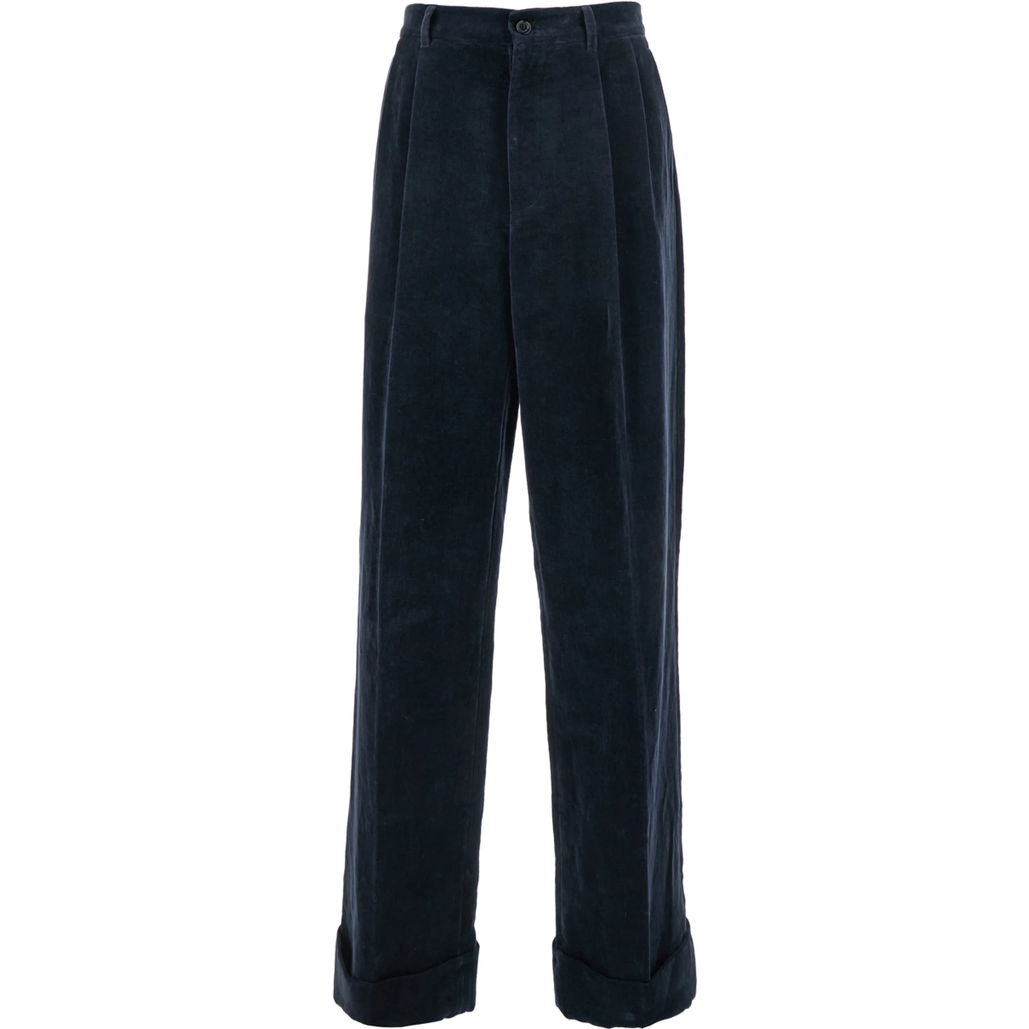 Blue Pants with Belt Loops and Turn-Up Hem in Linen and Cotton Blend Man