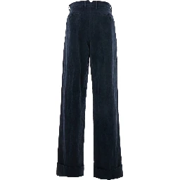 Blue Pants with Belt Loops and Turn-Up Hem in Linen and Cotton Blend Man