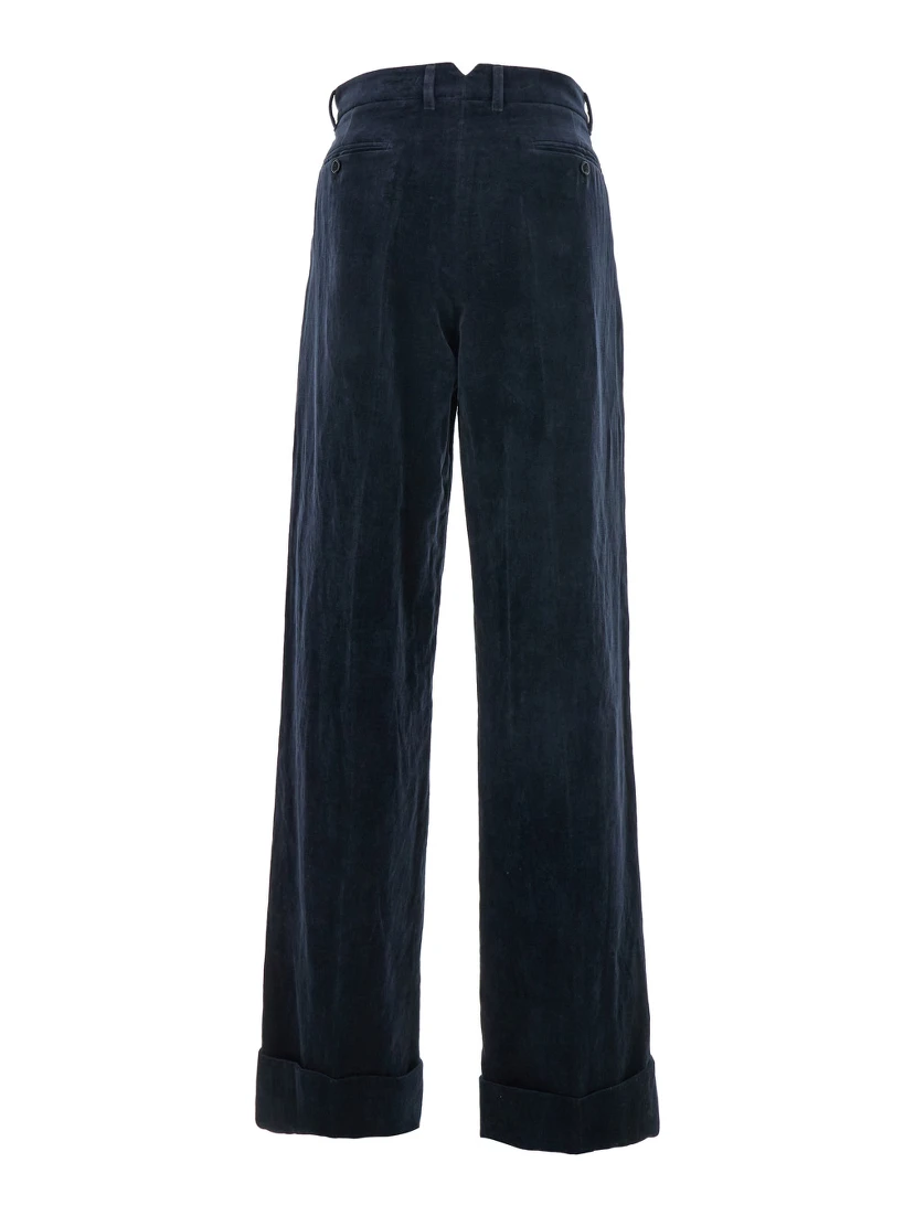 Blue Pants with Belt Loops and Turn-Up Hem in Linen and Cotton Blend Man