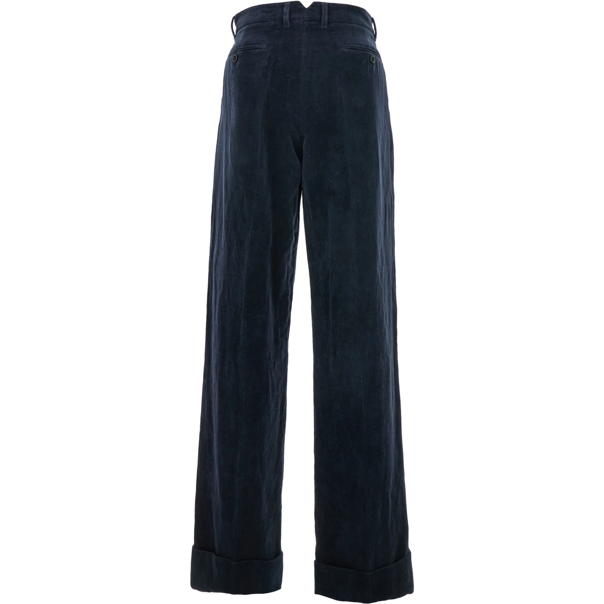Blue Pants with Belt Loops and Turn-Up Hem in Linen and Cotton Blend Man