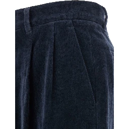 Blue Pants with Belt Loops and Turn-Up Hem in Linen and Cotton Blend Man