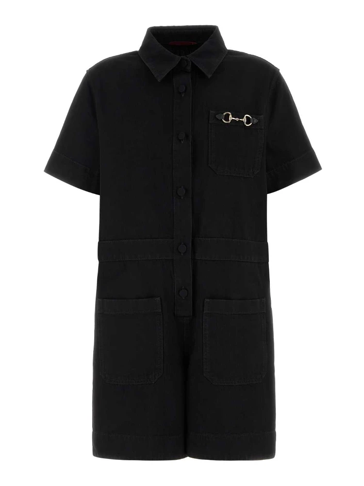 JMPSUIT DENIM W/HRSBIT&LEATHER
