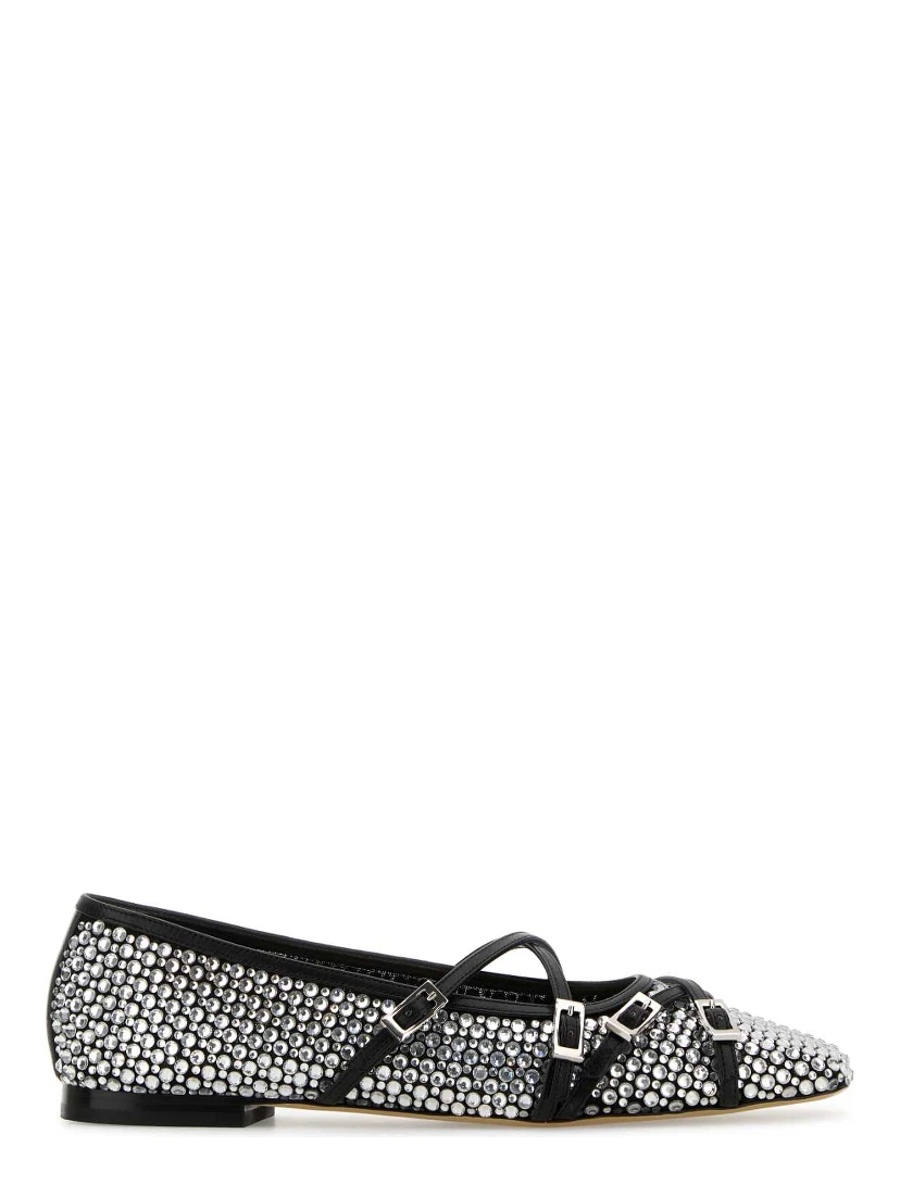 CRYSTAL NET BLACK SQUARE TOE BALLERINAS WITH STRAP