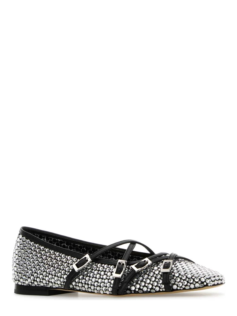 CRYSTAL NET BLACK SQUARE TOE BALLERINAS WITH STRAP