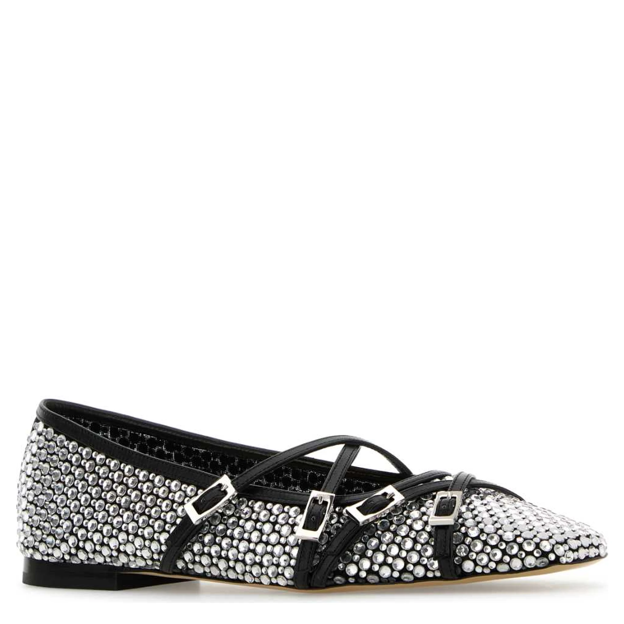 CRYSTAL NET BLACK SQUARE TOE BALLERINAS WITH STRAP