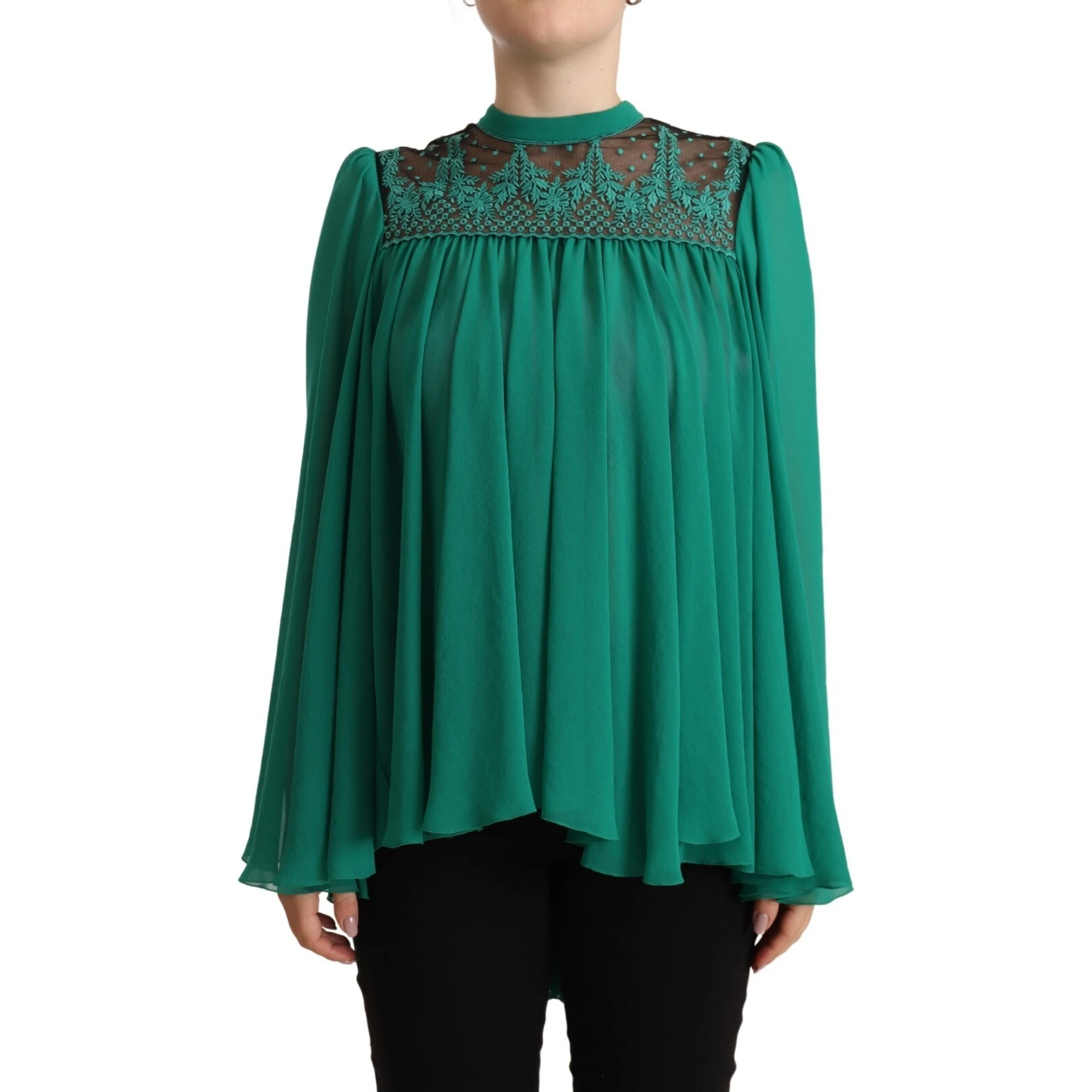 Green Lace Polyester Long Sleeves Pleated Top Blouse