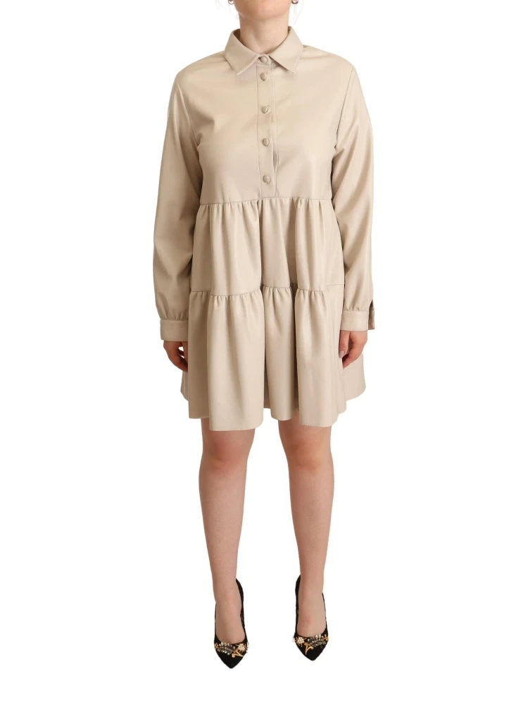Leather Beige Long Sleeves Collared A-line Mini  Dress