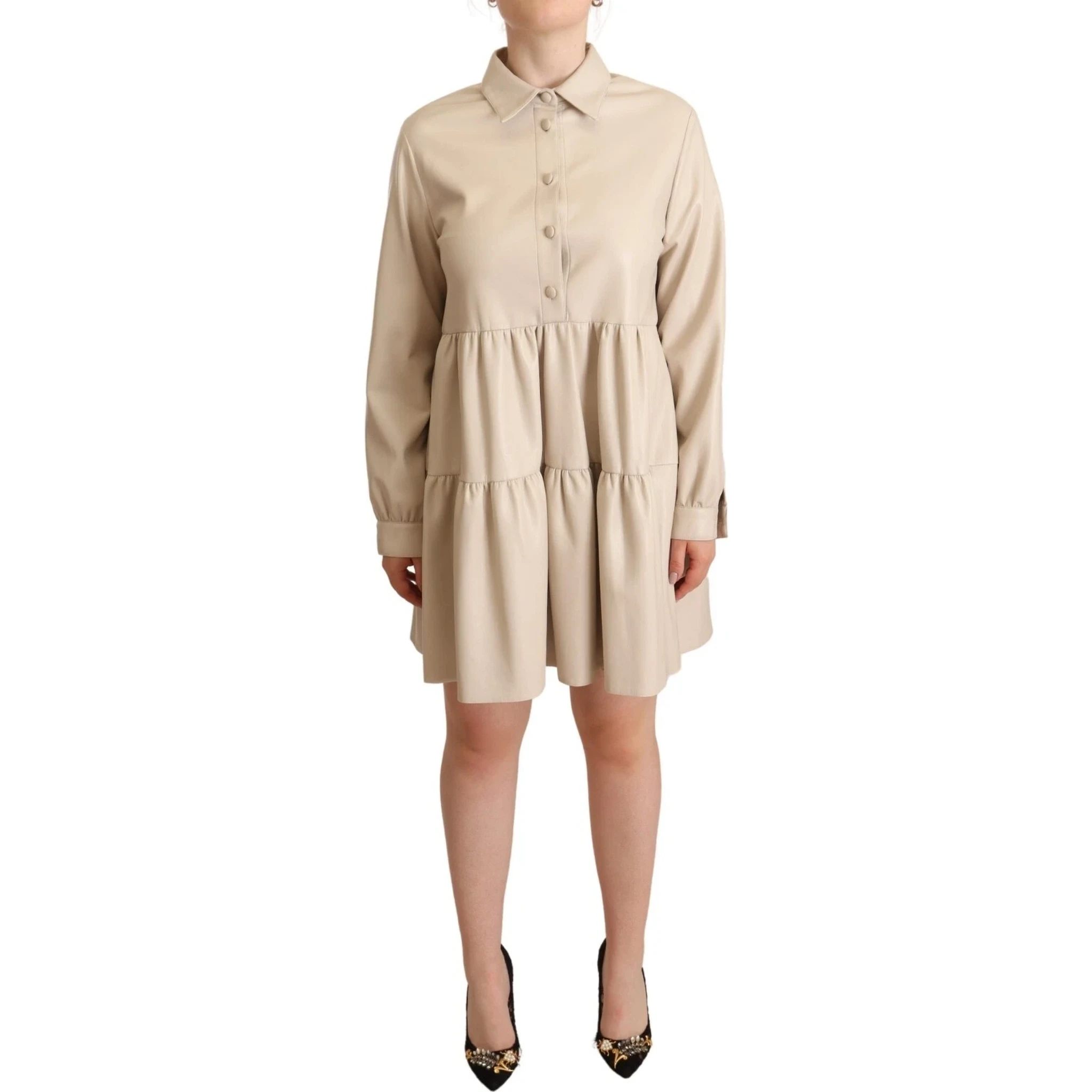 Leather Beige Long Sleeves Collared A-line Mini  Dress