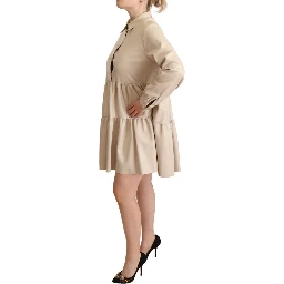 Leather Beige Long Sleeves Collared A-line Mini  Dress