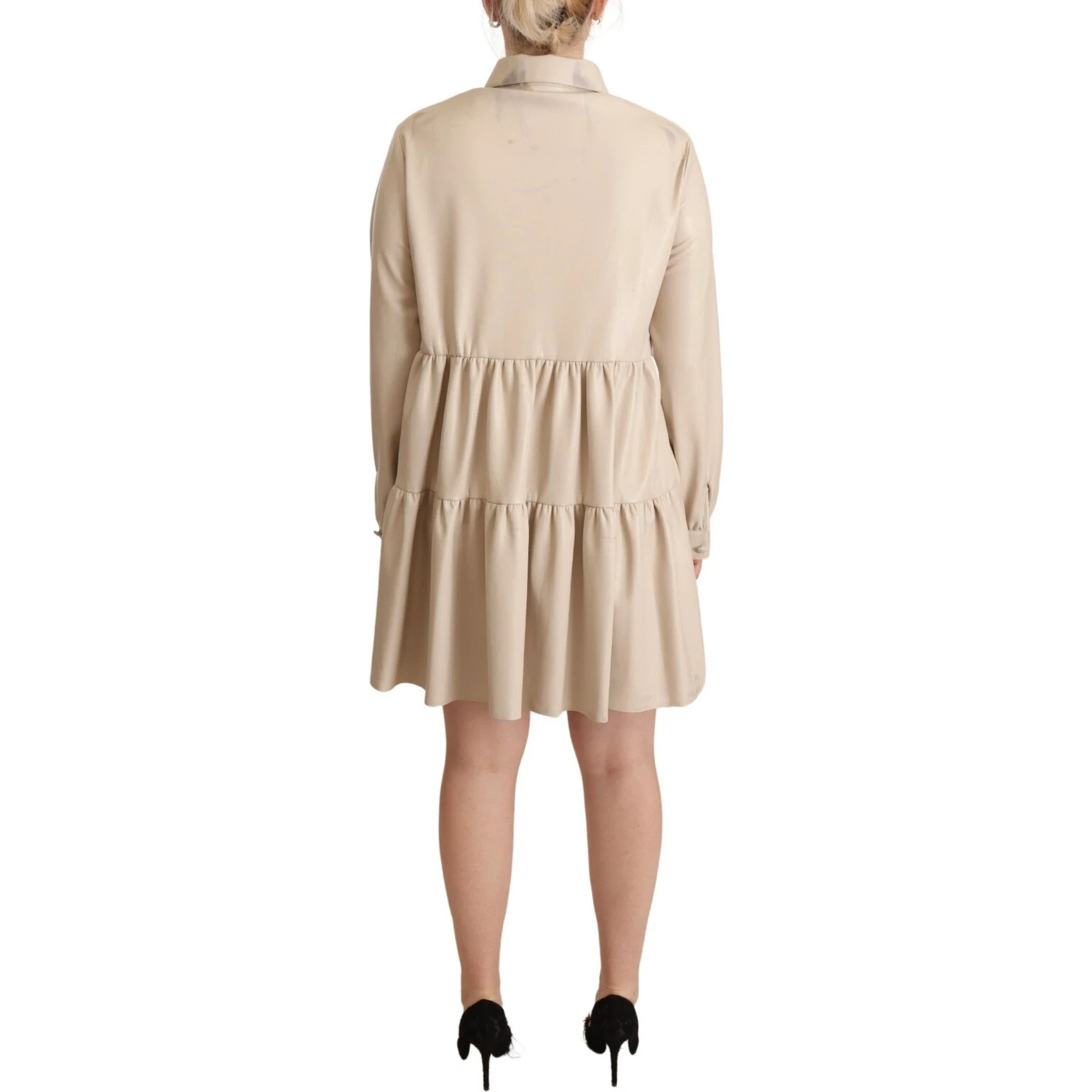 Leather Beige Long Sleeves Collared A-line Mini  Dress