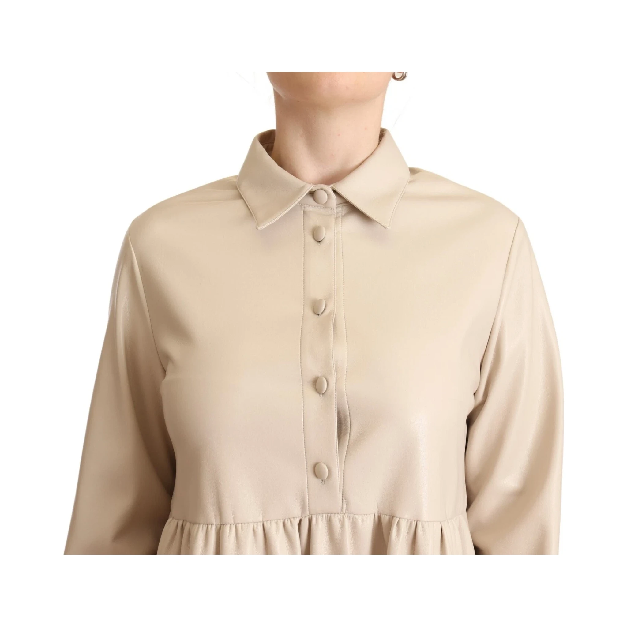 Leather Beige Long Sleeves Collared A-line Mini  Dress