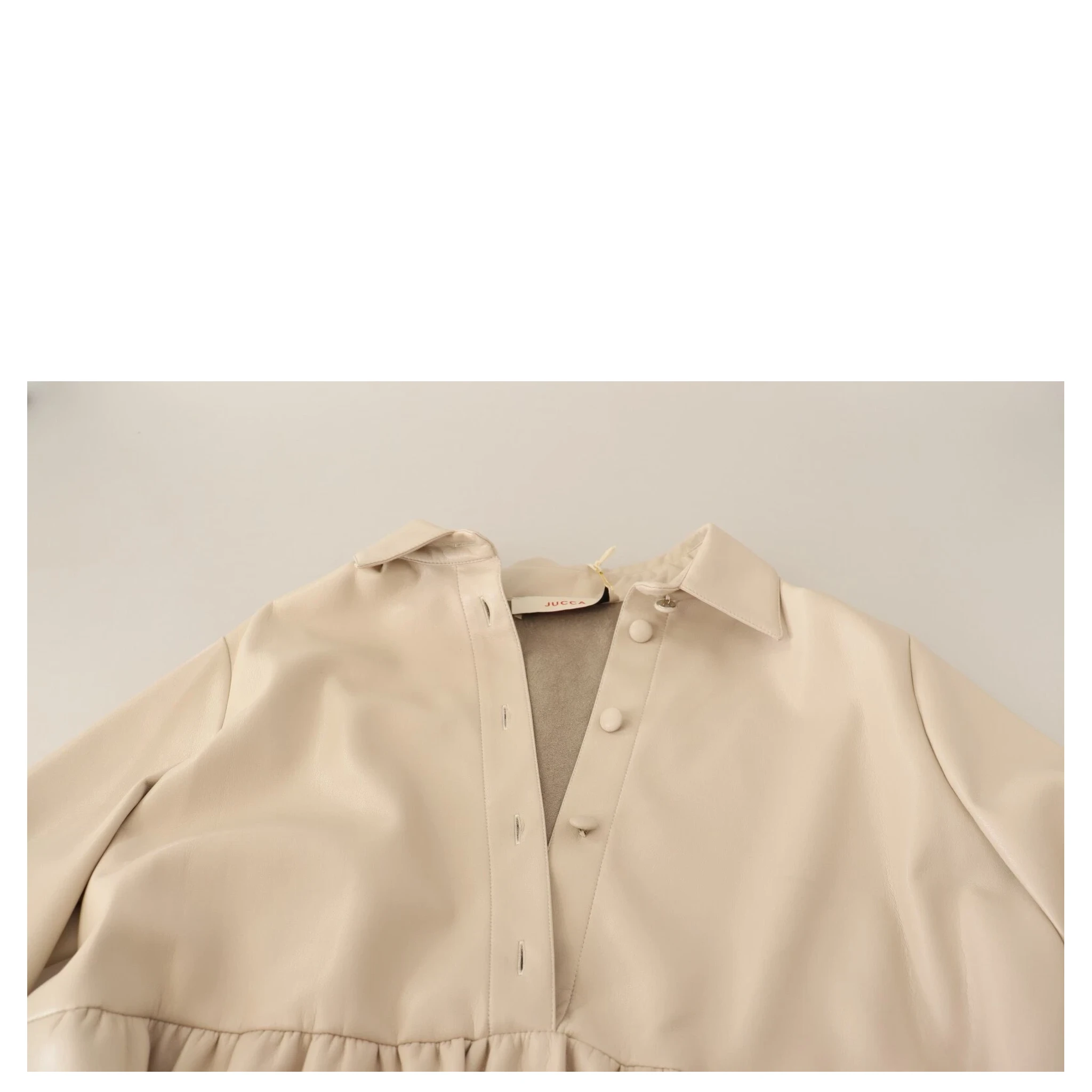 Leather Beige Long Sleeves Collared A-line Mini  Dress