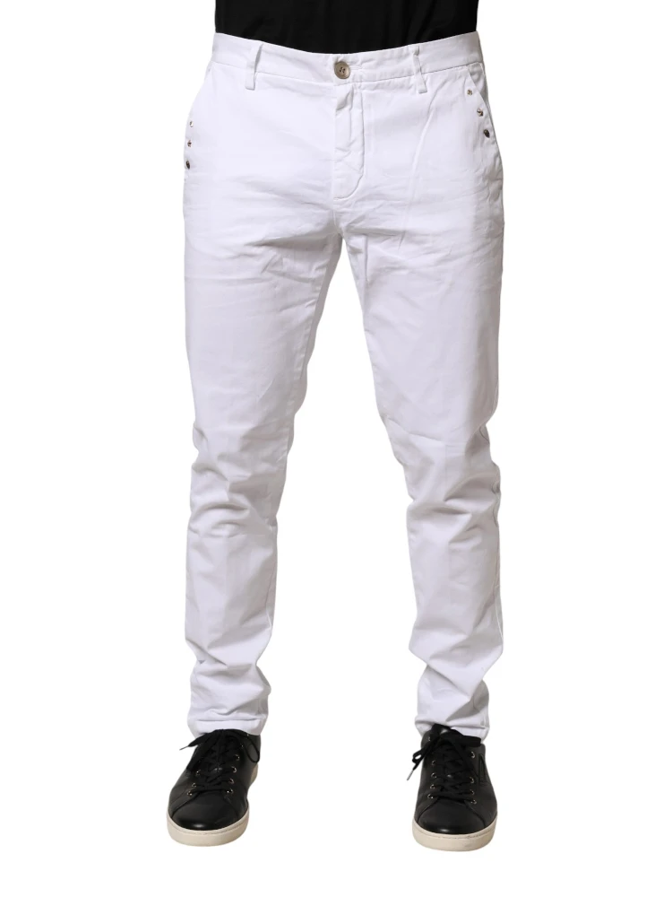 White Skinny Fit Mid Waist Men Chino Trouser Pants