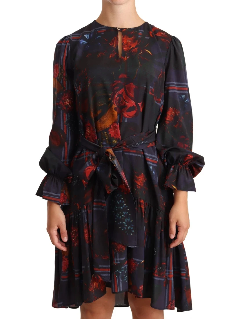 A-line Navy Blue Floral Silk Long Sleeve Knee Length Dress