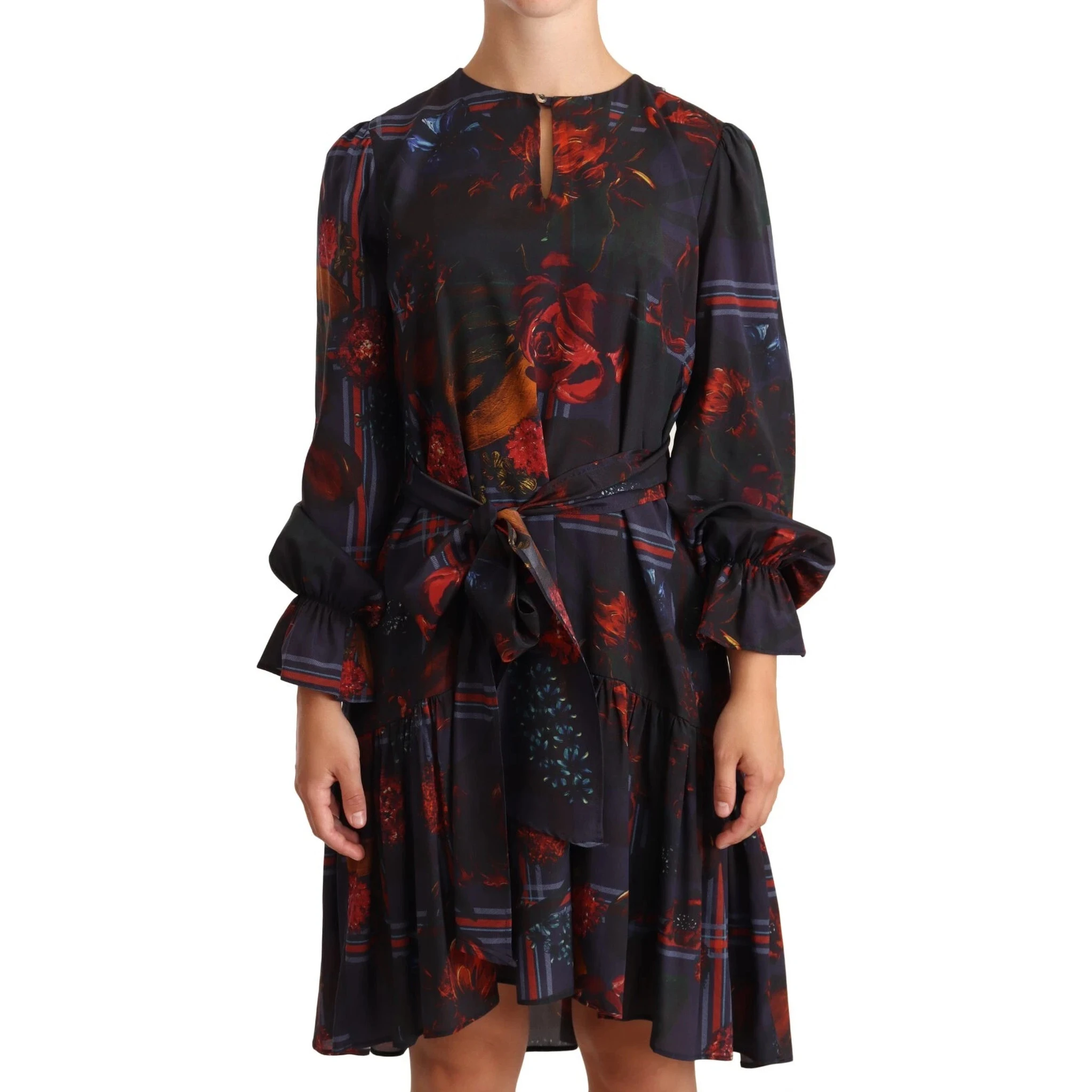 A-line Navy Blue Floral Silk Long Sleeve Knee Length Dress