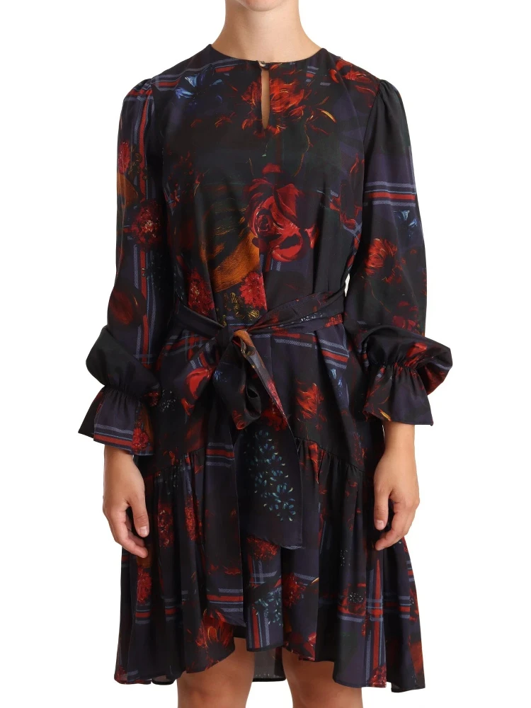 A-line Navy Blue Floral Silk Long Sleeve Knee Length Dress alternative