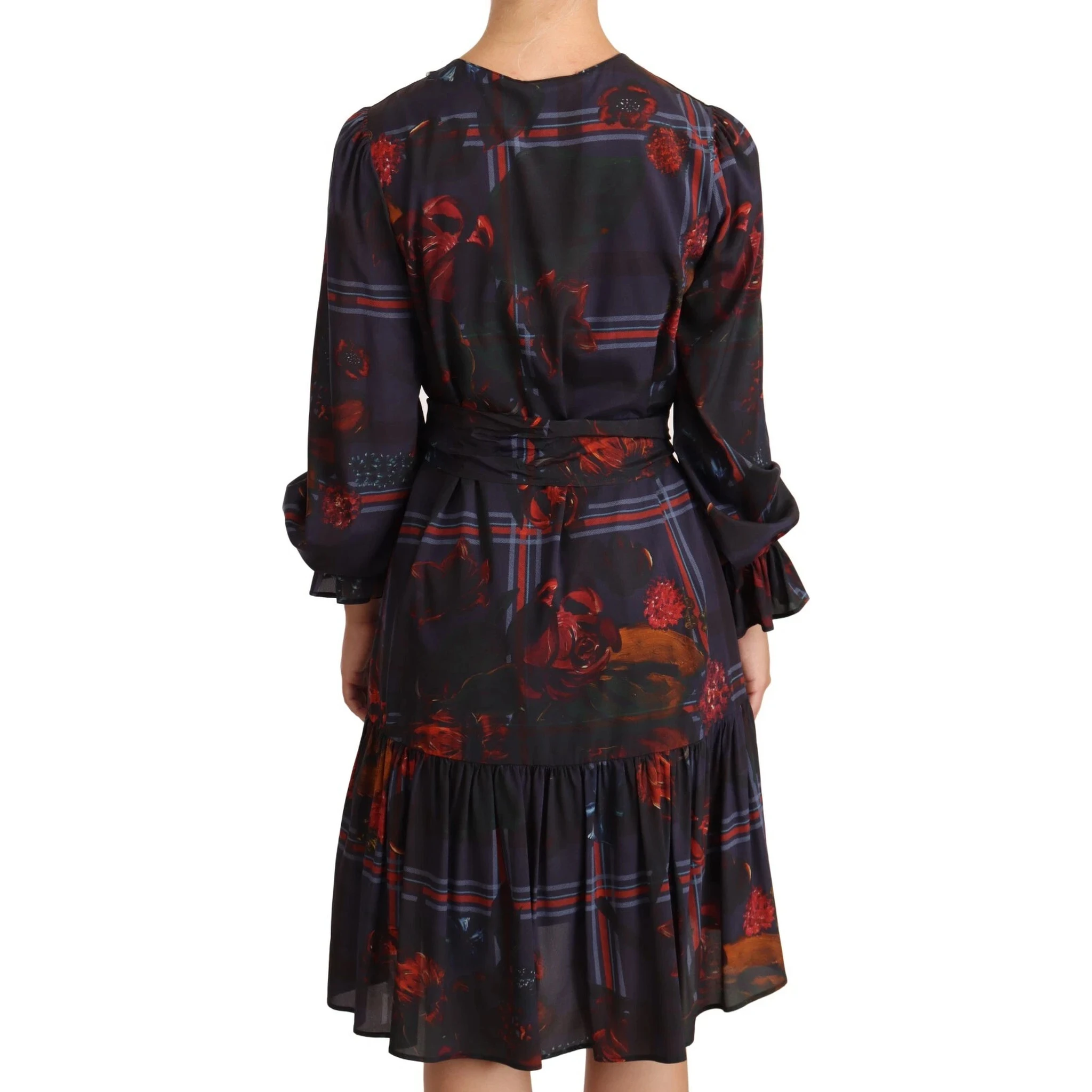 A-line Navy Blue Floral Silk Long Sleeve Knee Length Dress