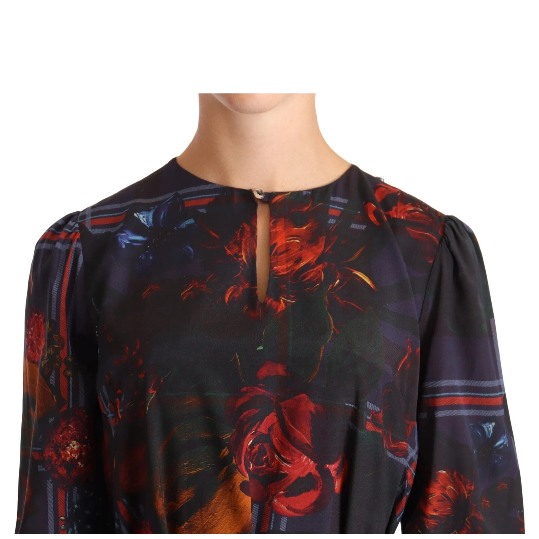 A-line Navy Blue Floral Silk Long Sleeve Knee Length Dress