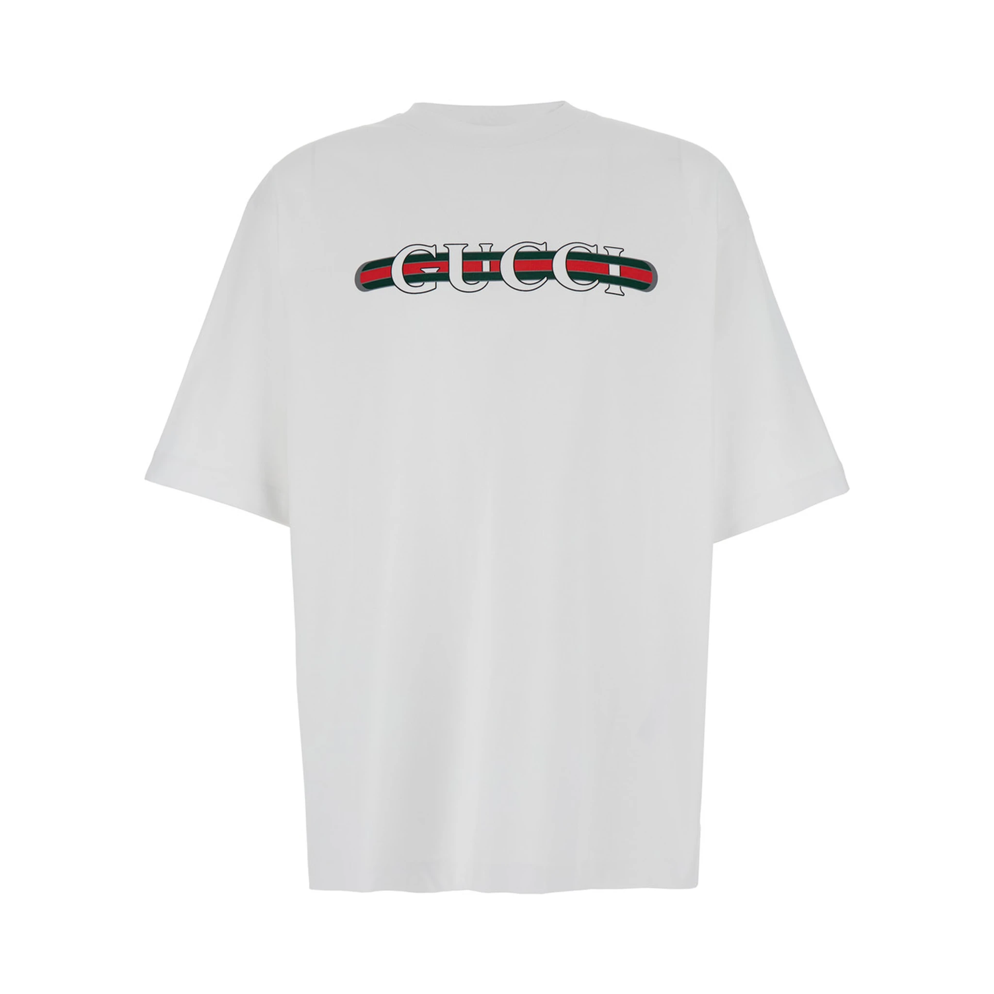 White Crewneck T-Shirt with Gucci and Web Print in Cotton Man