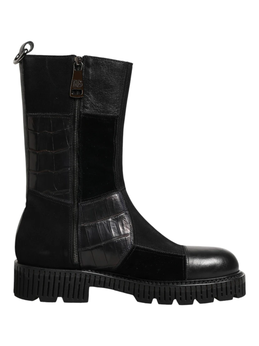 Black Patchwork Leather Mid Calf Boot  Shoes