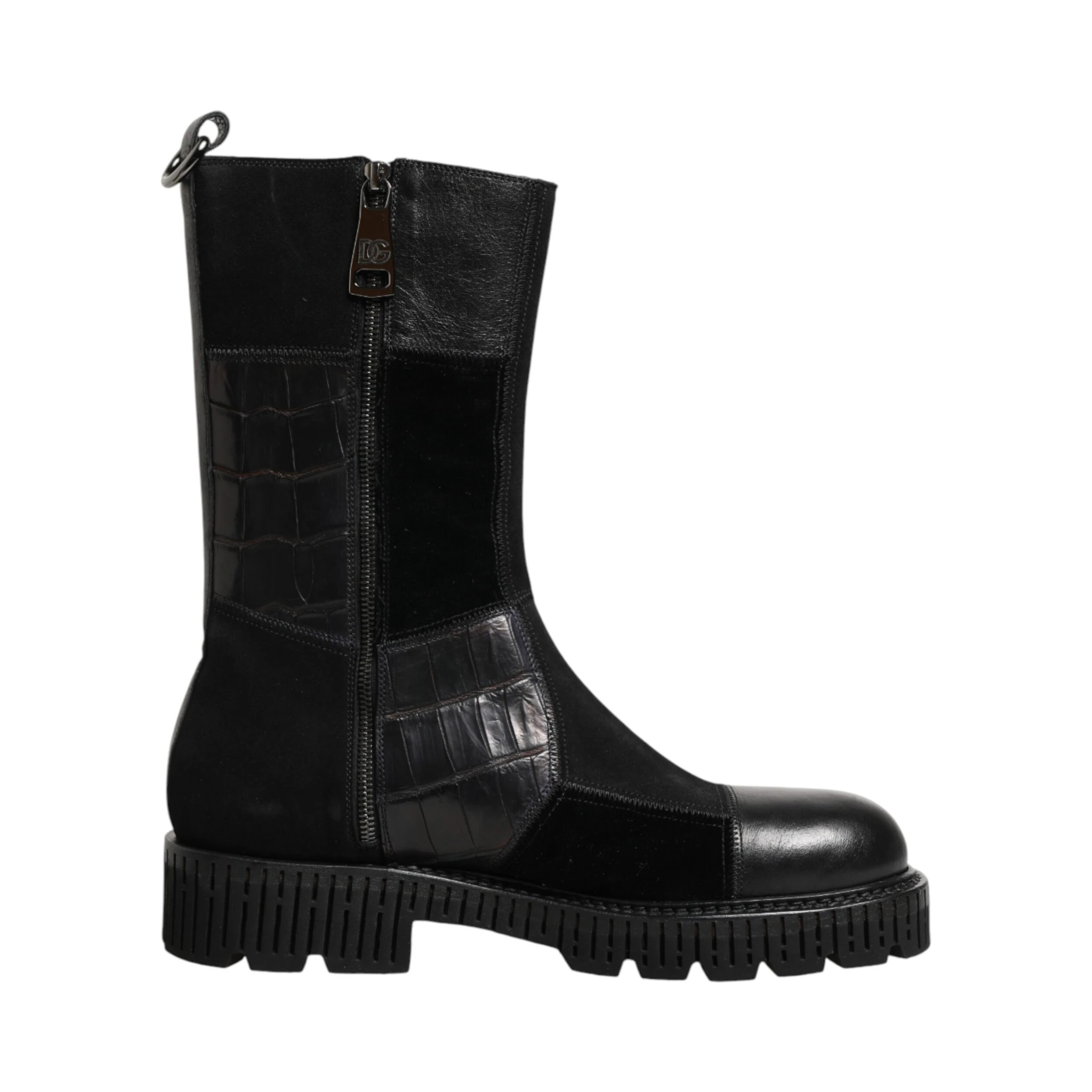 Black Patchwork Leather Mid Calf Boot  Shoes