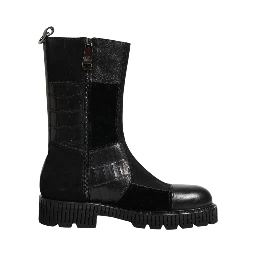 Black Patchwork Leather Mid Calf Boot  Shoes