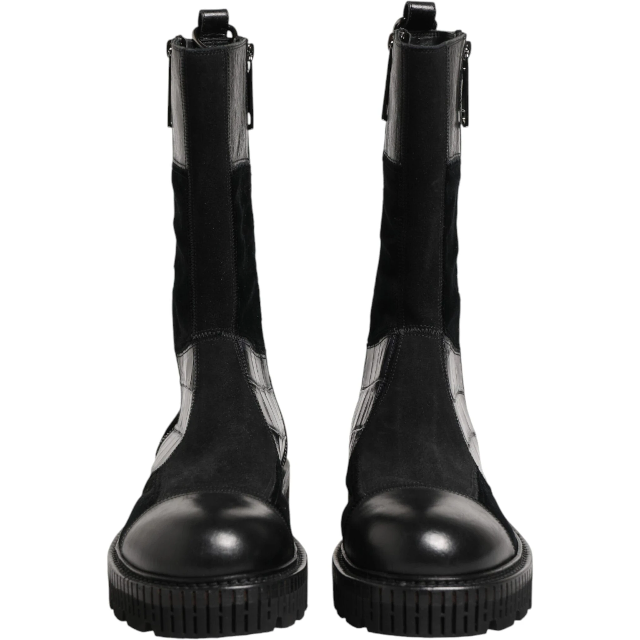 Black Patchwork Leather Mid Calf Boot  Shoes
