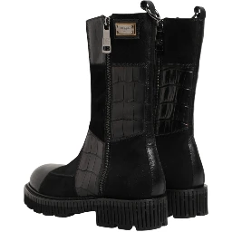 Black Patchwork Leather Mid Calf Boot  Shoes
