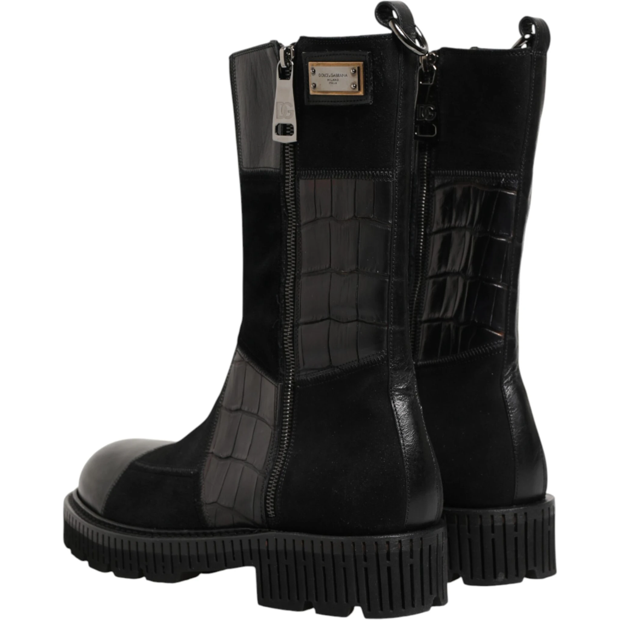 Black Patchwork Leather Mid Calf Boot  Shoes